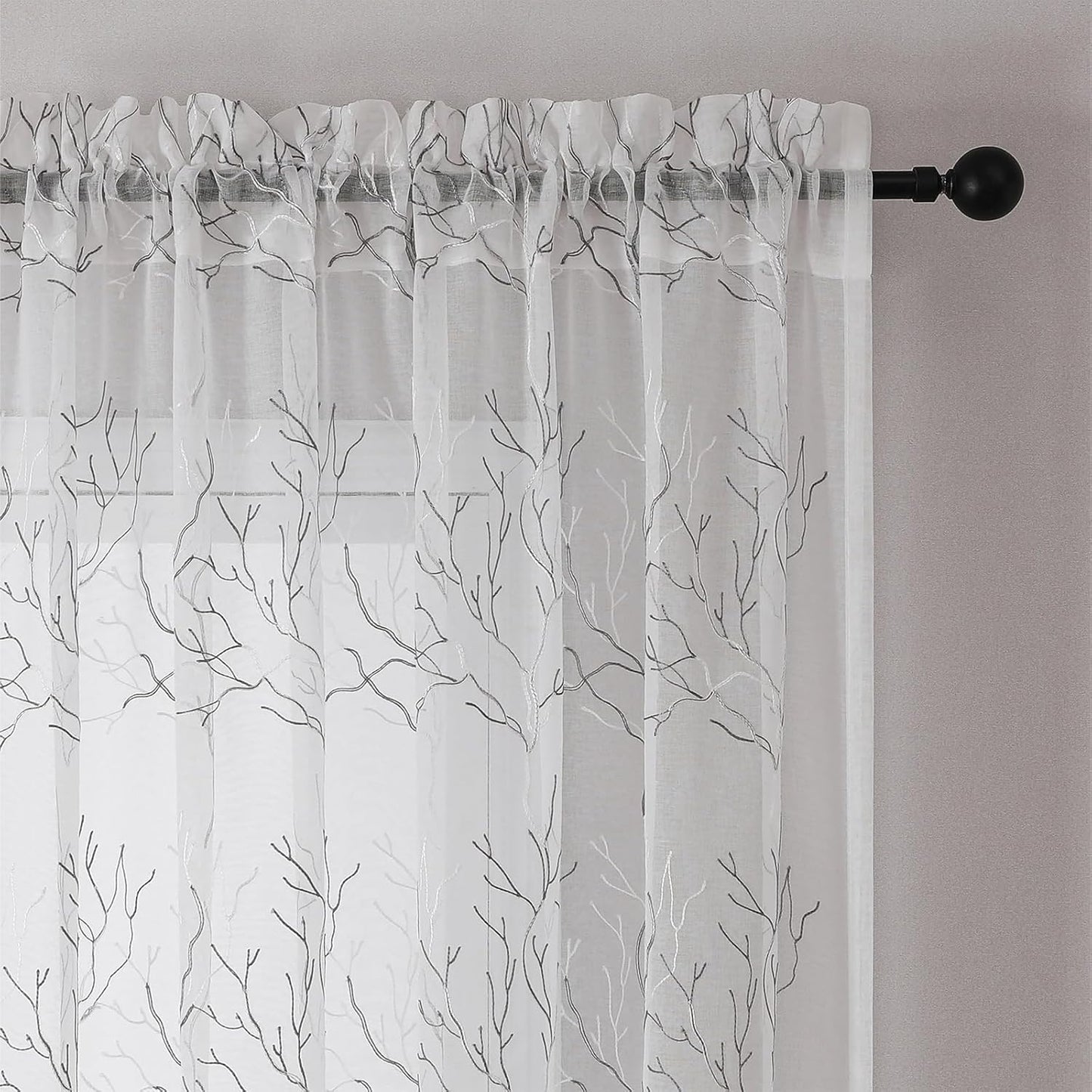VISIONTEX Sheer Curtains 72 inch Length 2 Panels Set, Decorative Grey Coral Embroidery, Rod Pocket Embroidered Window Drapes for Living Room and Bedroom, 54" x 72"