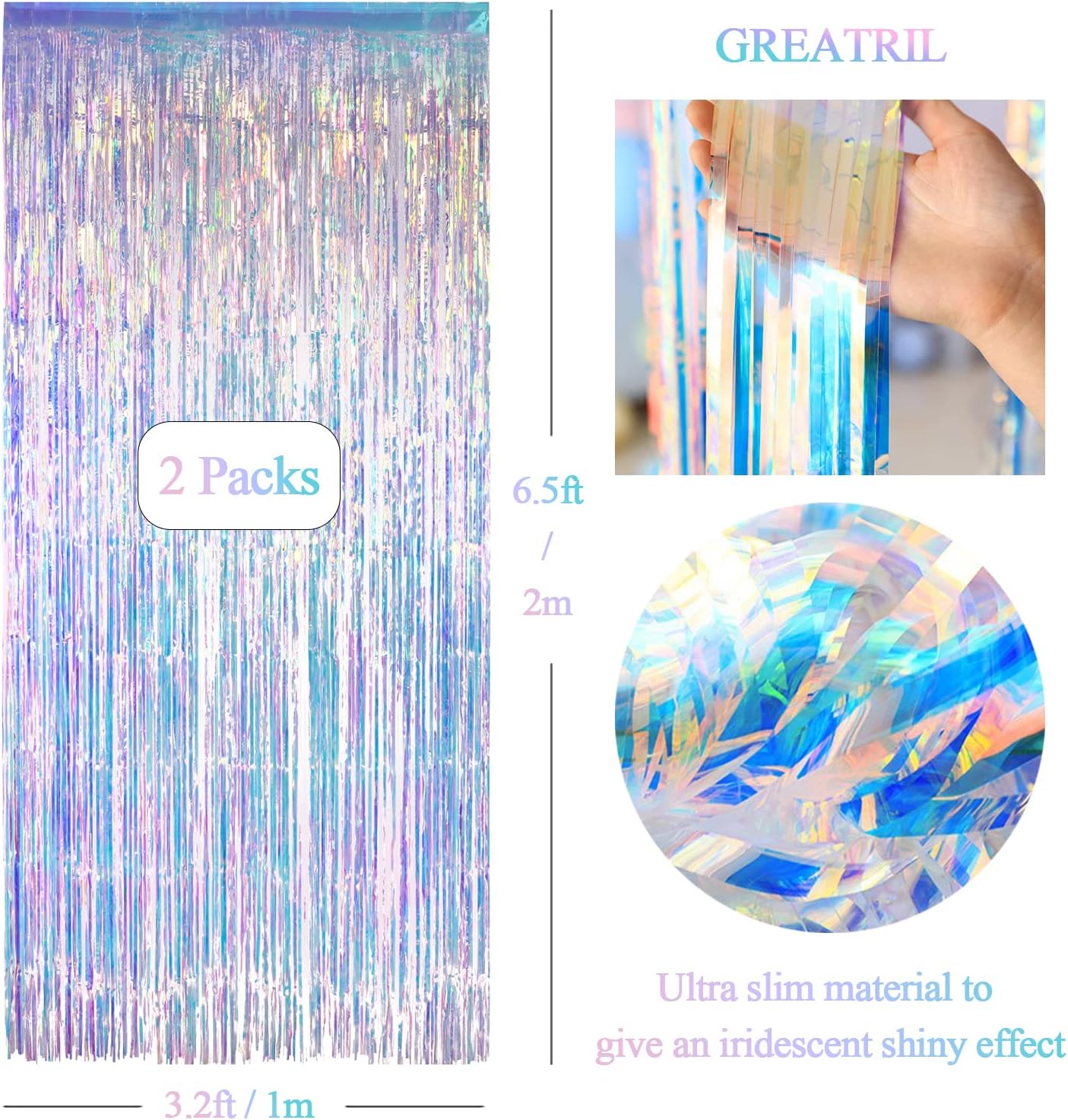 Iridescent Party Streamers Backdrop - GREATRIL Neon Transparent Holographic Tinsel Foil Fringe Curtain for Mermaid/Frozen/Sea/Euphoria/ERAS Party Theme Decorations 3.2ft x 6.5ft 2 PCS