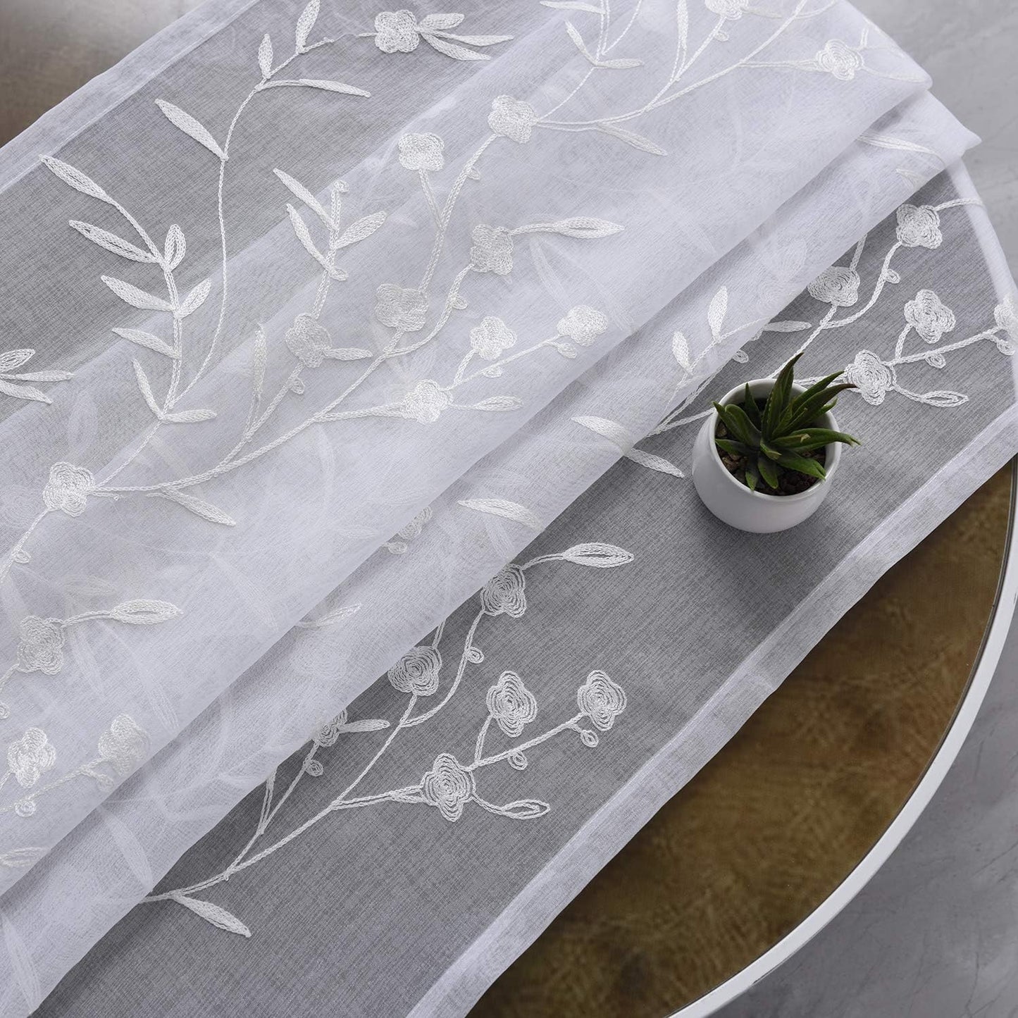 White Sheer Curtains Embroidery 63 Inch Length Rod Pocket Voile Drapes for Living room, Bedroom, Window Treatments Semi Flower Pattern Curtain Panels for Kitchen, Yard, Farmhouse, Set of 2, 52"x 63".