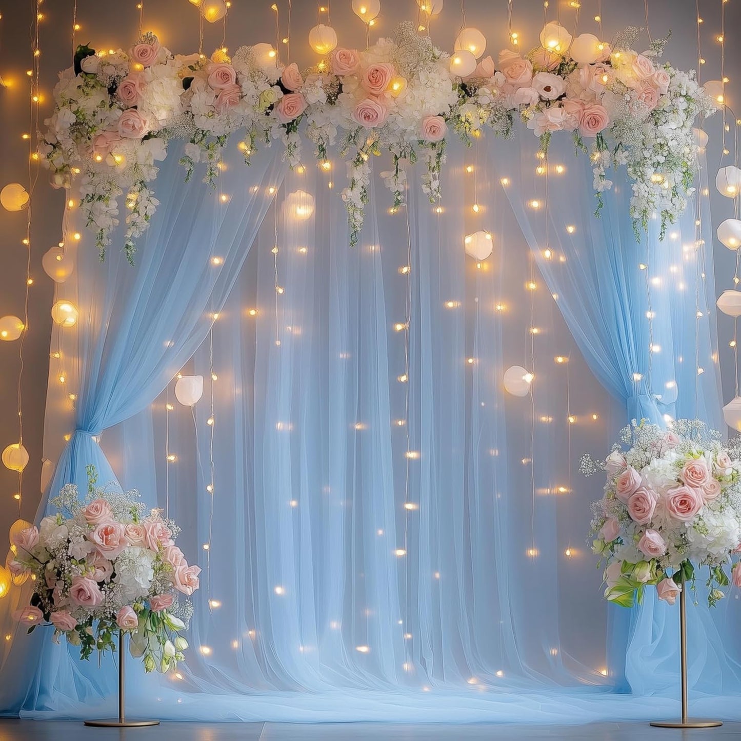 Fomcet Baby Blue Tulle Backdrop Curtains with Lights String 10FT X 8FT Sheer Curtain with Lights Tulle Curtains Backdrop for Wedding Birthday Party Photo Shoot (2 Panels 5x8FT)