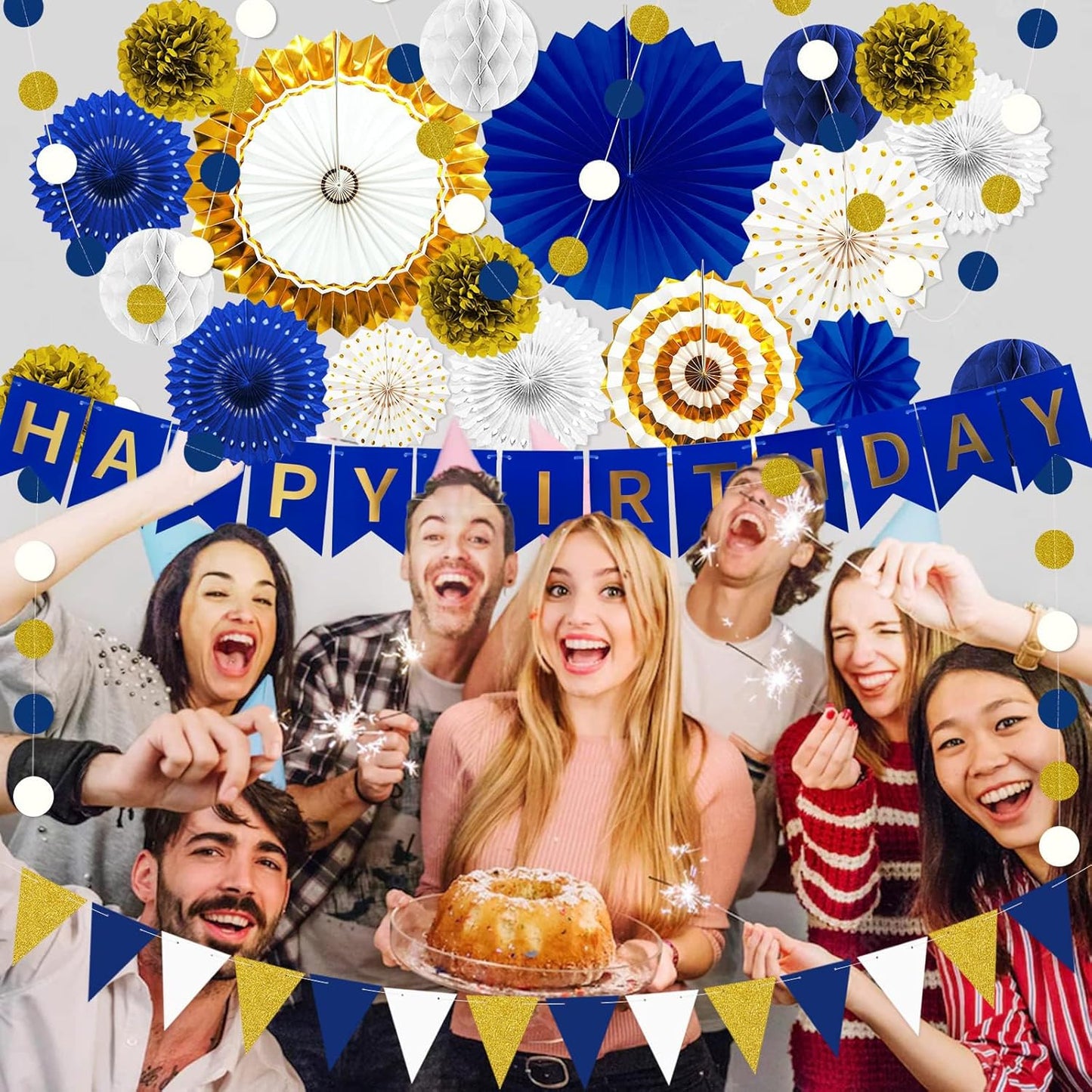 Navy Blue and Gold Happy Birthday Party Decoration 24Pcs Hanging Paper Fans, Pom Poms Flowers Garland String Polka Dot Triangle Bunting Flag Pack Happy Birthday Banner for Boy Birthday Baby Shower