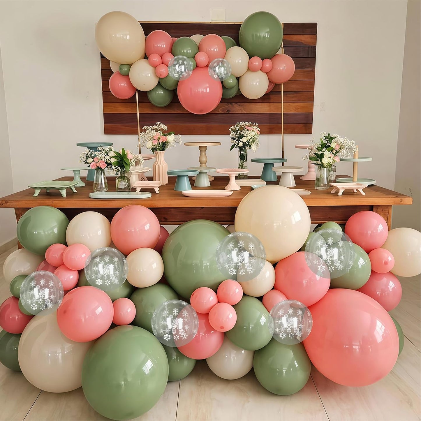 Pink and Green Balloons 60pcs, 12 Inch Sage Olive Green Dusty Light Pink Sand White Snowflake Balloons for Boho Bridal Shower Wedding Ice Winter Theme Birthday Baby In Bloom Baby Shower Decorations