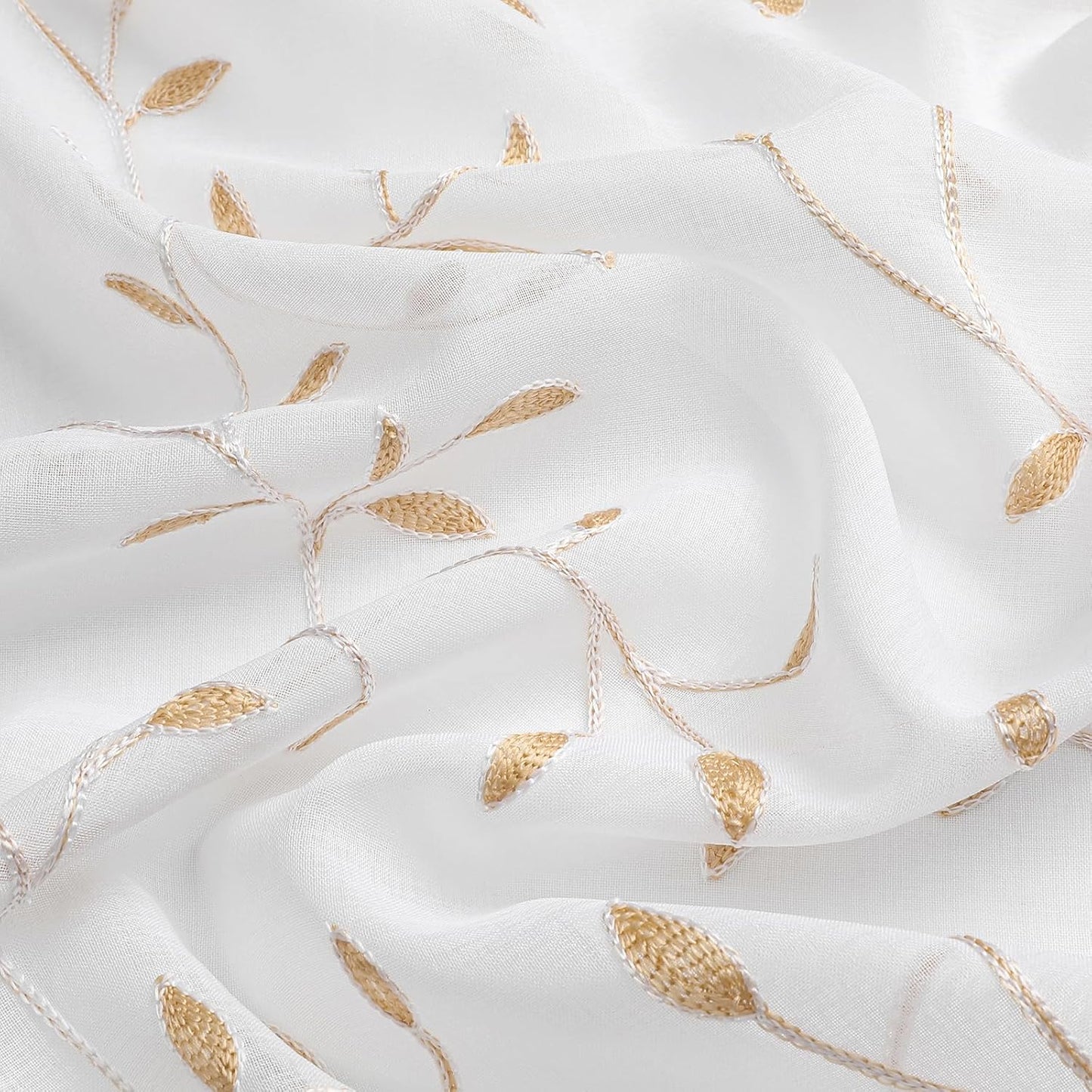 VISIONTEX White Sheer Voile Curtains, Decorative Orange Leaves Embroidery Faux Linen Rod Pocket Window Drapes for Home Kitchen, Living Room and Bedroom 54 x 63 Inch, Set of 2 Curtain Panels