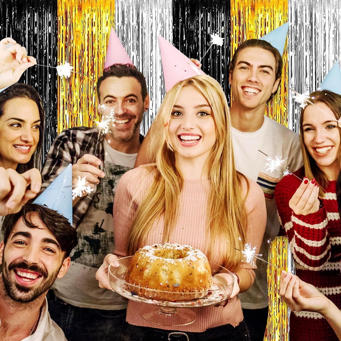 3 Pack Black Gold Silver Foil Fringe Curtain Backdrop, 3.28Ft x 8.2Ft Metallic Tinsel Foil Fringe Streamer Curtains for Photo Booth, Christmas Day, Thanksgiving, Wedding, New Year Party Decorations