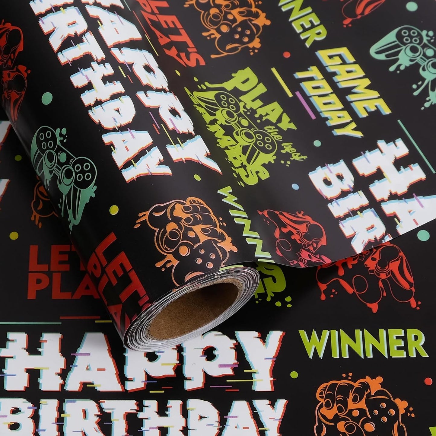 Aimyoo Gaming Birthday Wrapping Paper Roll - 17 Inch X 32.8 Feet - Black Happy Birthday Video Game Pattern Gift Wrap Paper for Boys Party, Baby Shower, Holiday