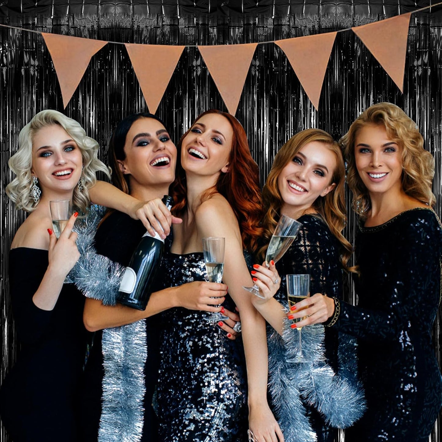 10 Pack Black Party Streamers Backdrop Tinsel Foil Fringe Curtains Halloween Birthday Party Decorations Graduation Wizard Party Supplies