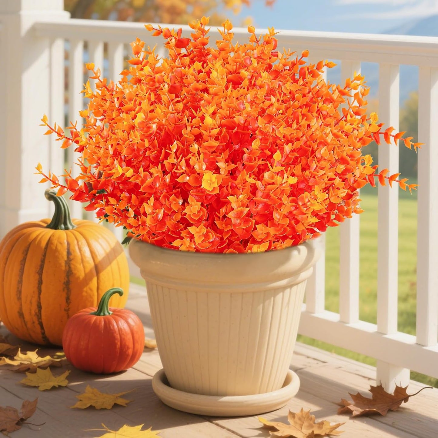 AmyHomie 20 Bundles Orange Fall Decor Artificial Flowers for Outdoor UV Resistant Faux Eucalyptus No Fade Fake Mums Plastic Plants Garden Porch Window Box Decorating