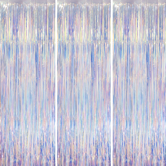 Iridescent Party Backdrop 3Packs Transparent Tinsel Foil Fringe Curtain for Frozen Mermaid Sea Birthday Party Decorations, 3.3x8.2ft Streamers Backdrops