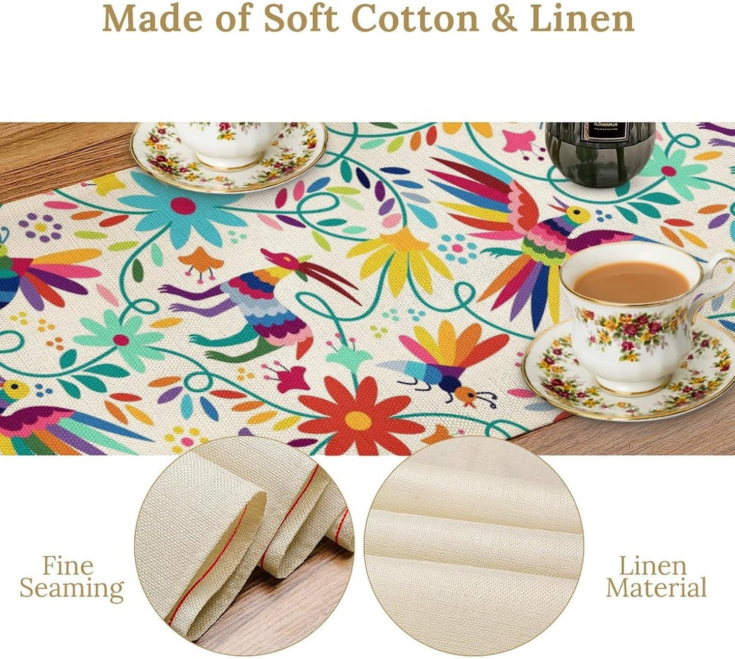 Mexican Table Runner,Boho Colorful Nature Inspired Flowers and Birds Table Cloth Kitchen Dining Table Home Party Decoration 13x60 Inch