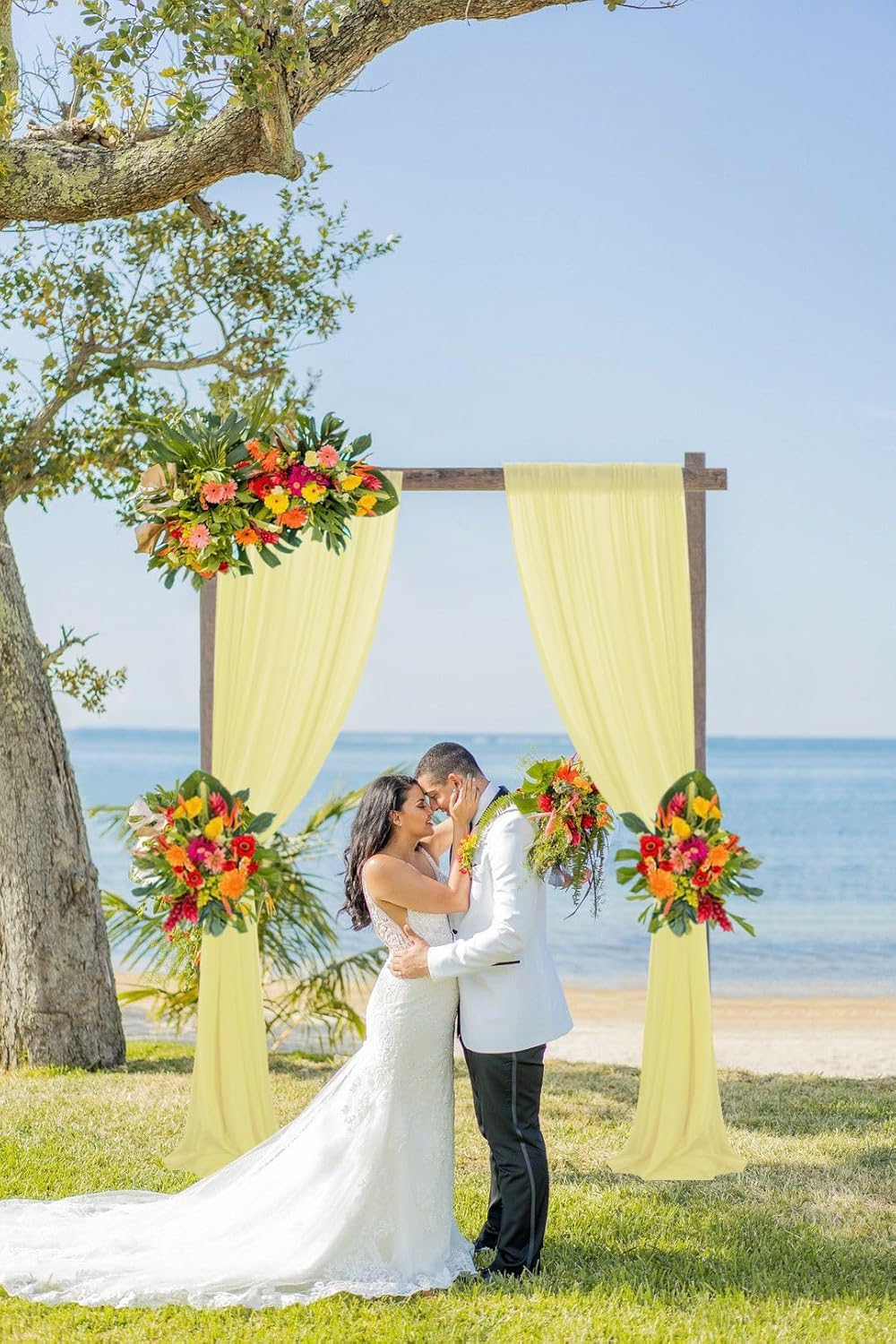 DUOBAO Chiffon Backdrop Curtain 96 Inch Length 2 Panel 29 Inch Width Wedding Backdrop Drapes Yellow Sheer Curtains Panels Tulle Fabric Photography Backdrops for Party