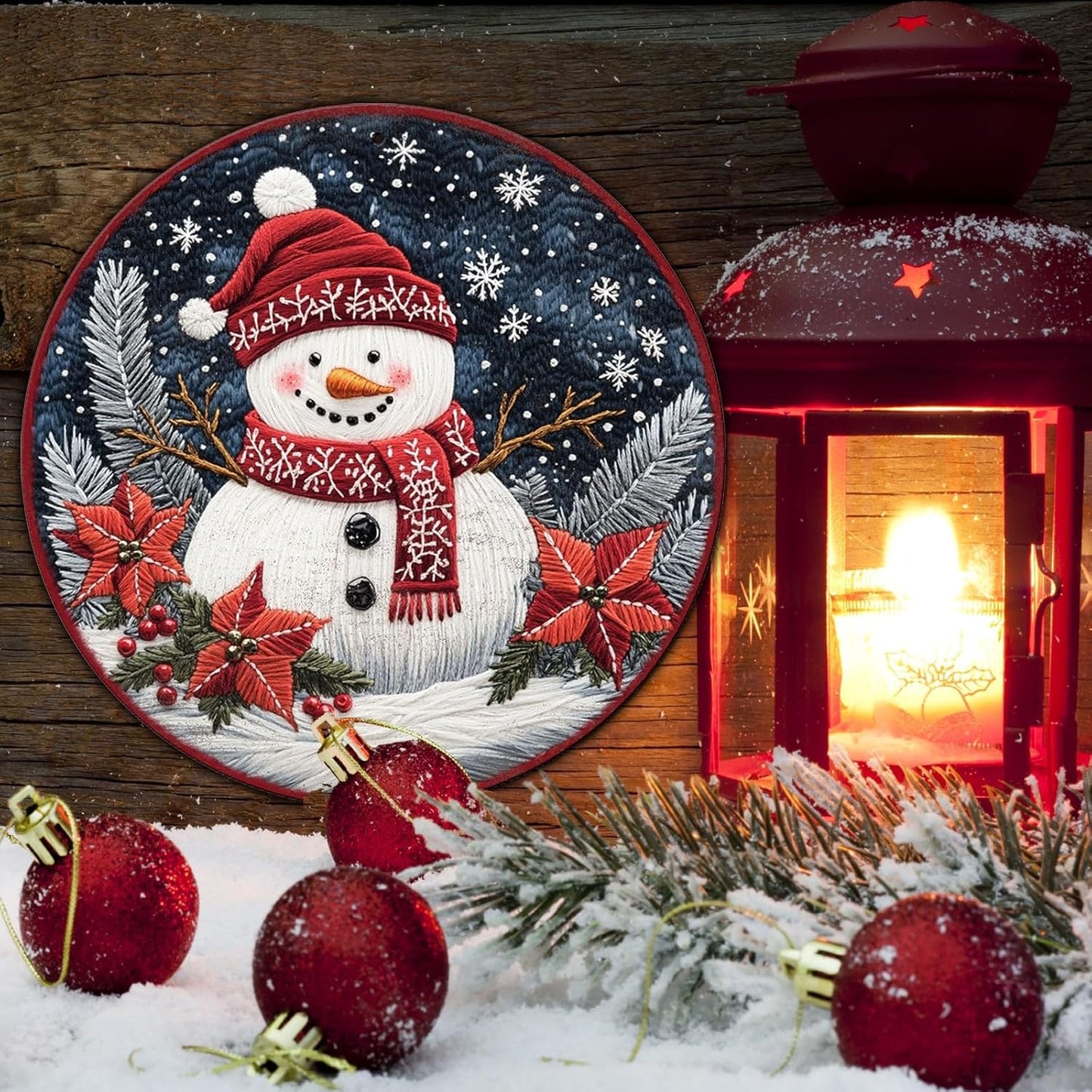 Round Christmas Snowman Decor Metal Tin Sign for Door Hanging Sign for Home Bars Clubs Cafes 12 * 12 in