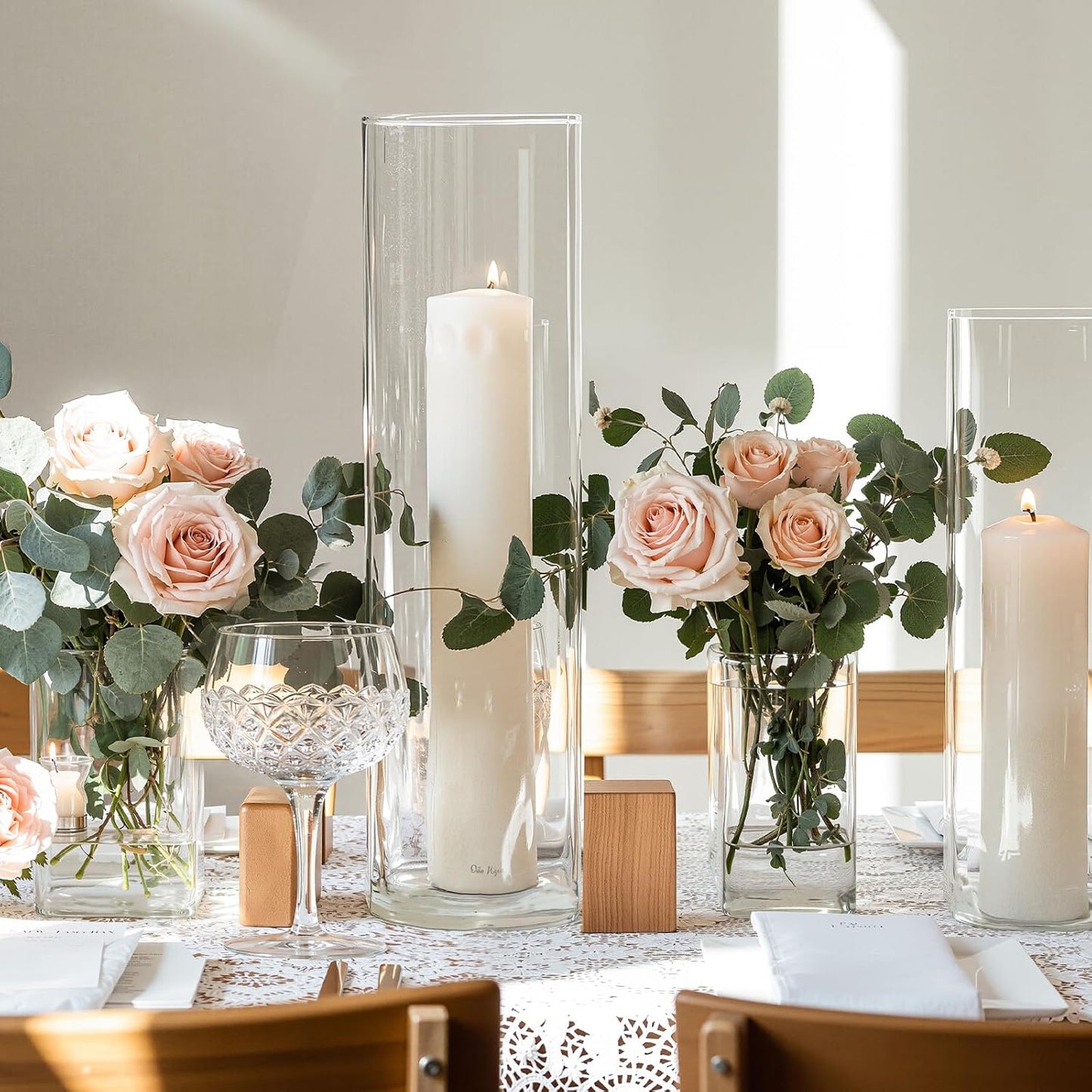 3 PCS Modern Square Glass Cylinder Vases Set (6/8/10 Inch) – Elegant Bud Vases, Floating Candle Holders & Wedding Centerpiece Displays for Home Decor, Holidays, Housewarming Gifts