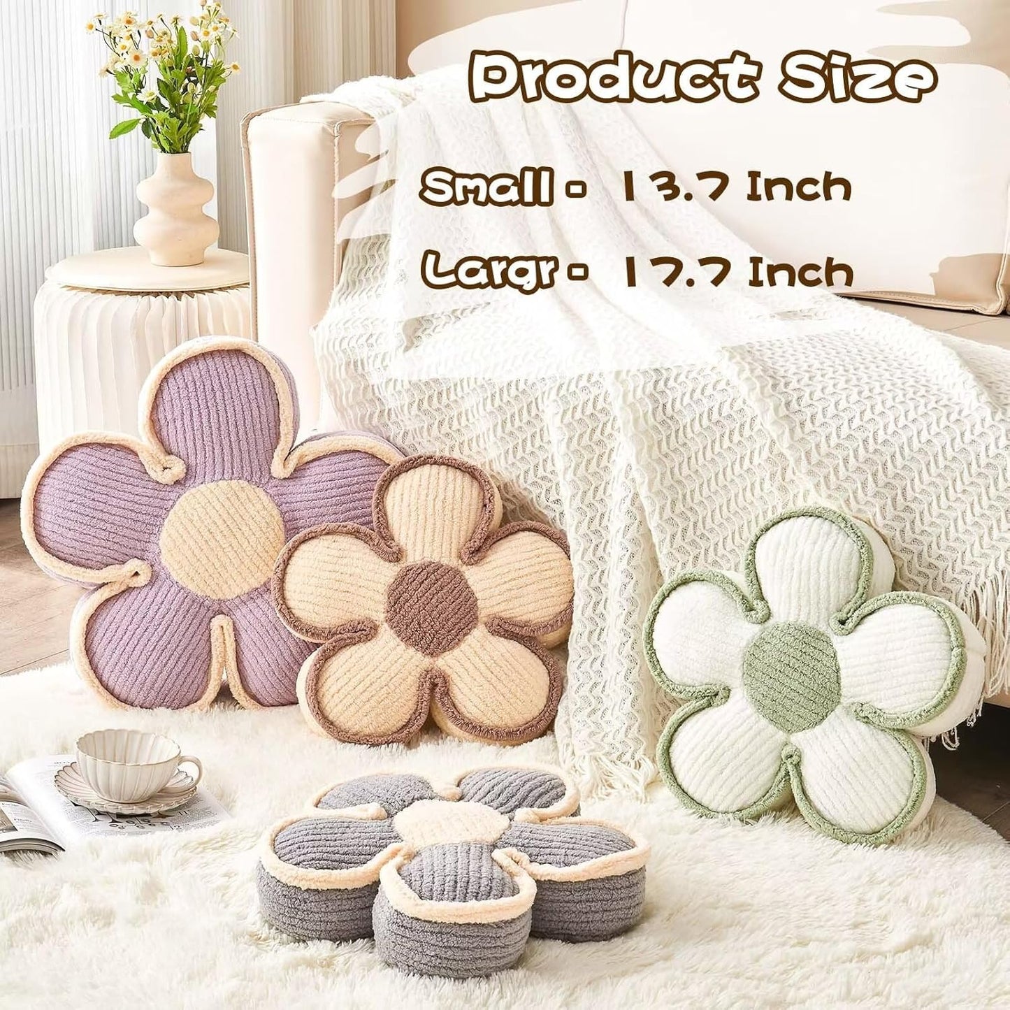 Flower Pillow, Soft Shaped Floor Cushion, Decorative Throw Pillow, Seating Cushion, Plush Room Decor Pillows for Sofa Couch Bed (13.7 Inch, Ivory)