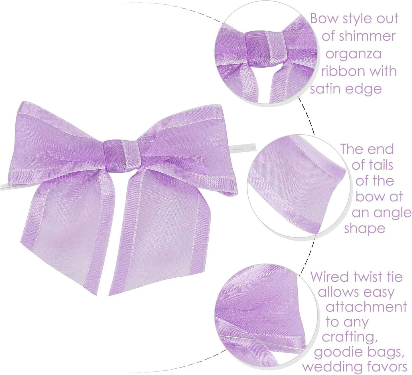 AIMUDI Purple Bows for Crafts 4" Lavender Bows with Twist Ties Premade Lilac Bows Pre Tied Organza Bows for Treat Bags, Easter's Day, Cake Pop,Gift Wrapping,Baby Shower,Wedding Favor -12 Counts