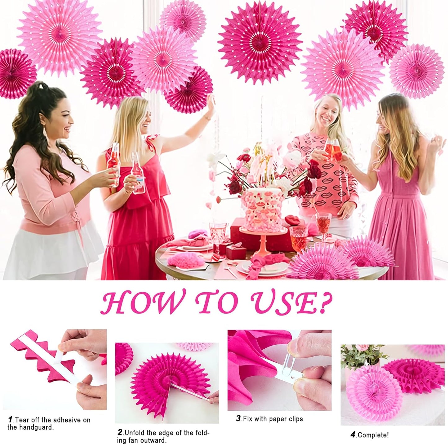 SUNBEAUTY Hanging Honeycomb Paper Fans Hot Pink Party Decorations Fuchsia Pink Birthday Paper Decoration for Wedding Graduation Events Accessories - 12Pcs