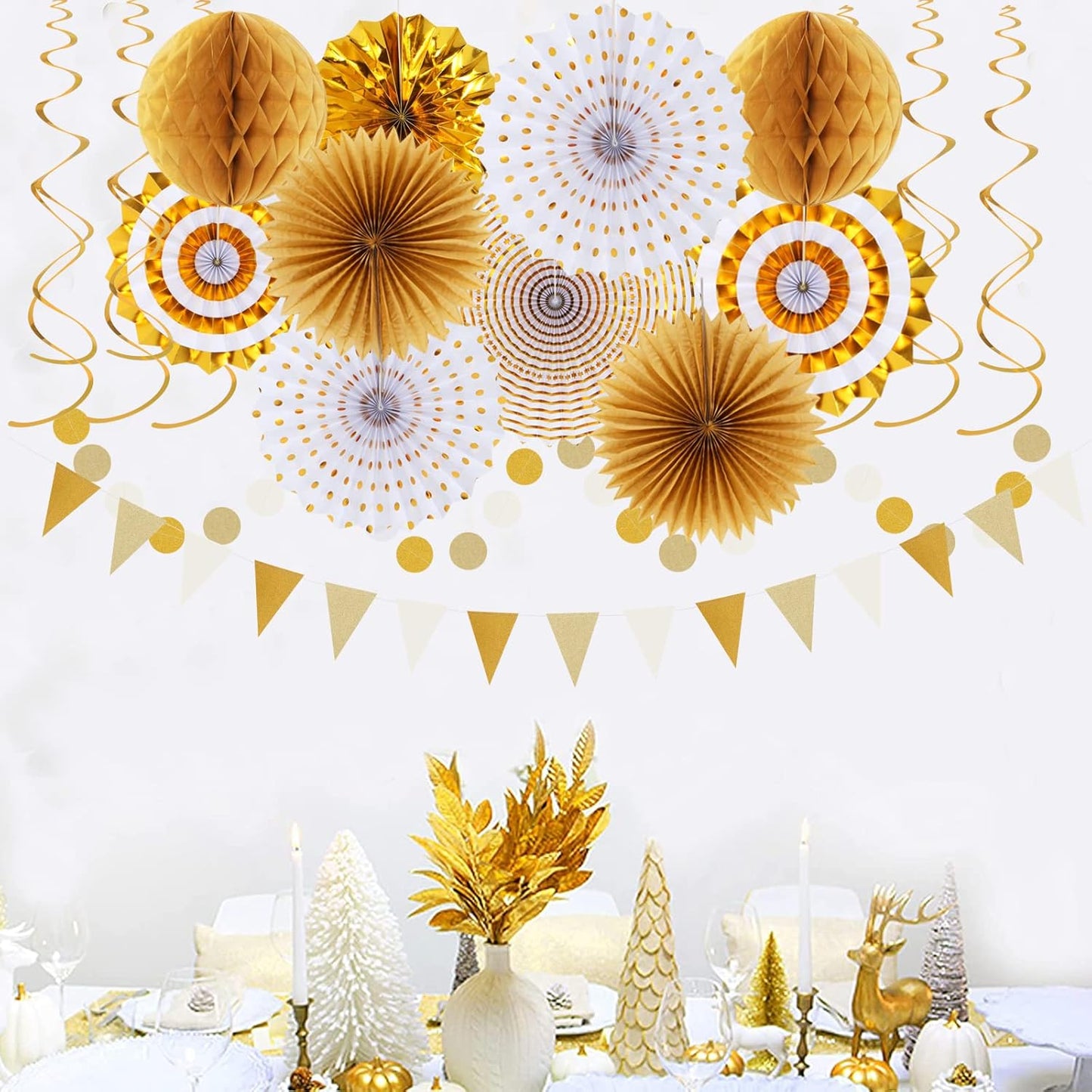 White Gold Bridal-Shower Engagement Party-Decorations - 33pcs Banner,Streamers Tassel Garland,Tissue Pom Poms Honeycomb,Paper Lantern Fans,Christmas Wedding Bachelorette Baby Birthday Decor Hugtmr