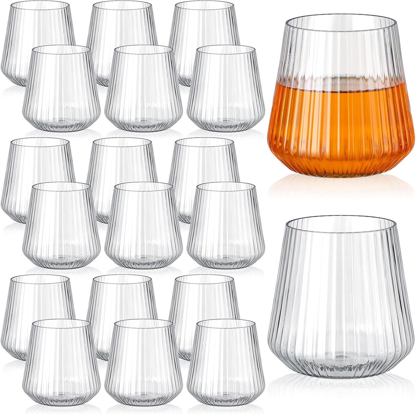 Suclain 20 Pcs Plastic Wine Glasses Ribbed Stemless Wine Glasses 14oz Vertical Design Unbreakable Cups for Outdoor Indoor Vintage Elegant Champagne Whiskey Glasses for Christmas Party Wedding