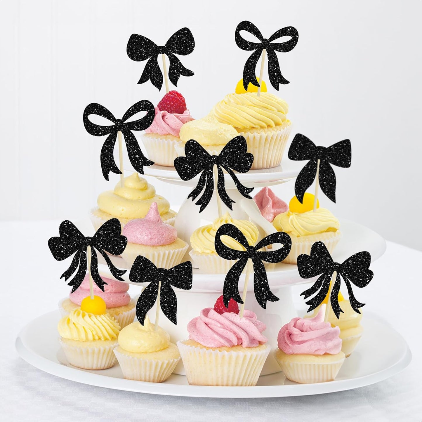 Gyufise 36Pcs Bow Cupcake Toppers Glitter Girls Birthday Decorations Bowknot Cupcake Picks Bow Tie Birthday Decorations Bow Cake Toppers for Bridal Baby Shower Bachelorette Party Supplies Black