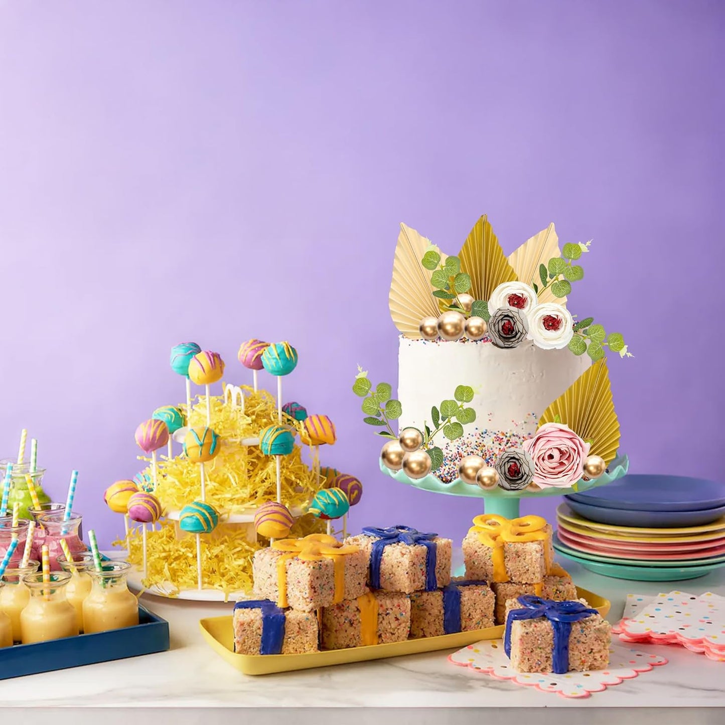 Gyufise 22Pcs Rose Artificial Flower Leaves Cake Topper Decorations Gold Balloon Cake Toppers Leaf Paper Palm Fan Cake Picks for DIY Wedding Birthday Valentine's Day Party Decorations Supplies Beige