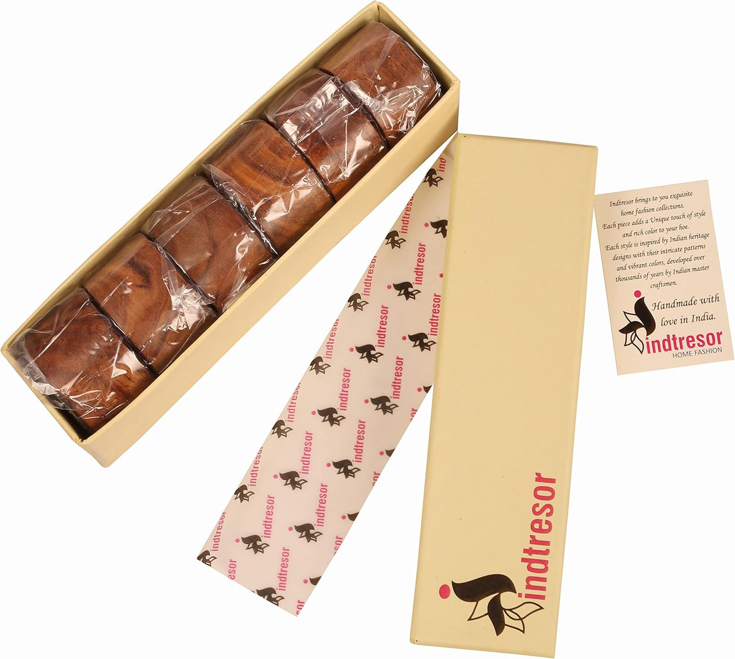 Beautifully Handcrafted Natural Wood Round Shape Large Size Party Dining Table Napkin Holders in Natural Tone. (Set of 6).