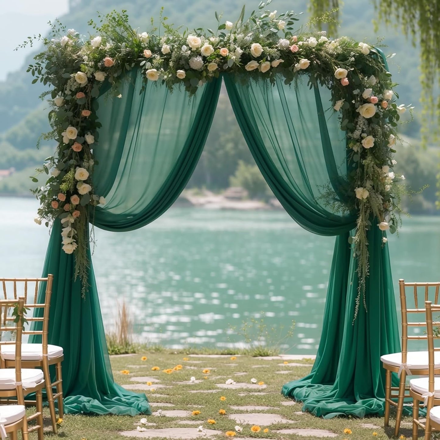 Wedding Arch Draping Fabric, 2 Panels 28" x 19Ft Emerald Green Arch Drapes Sheer Backdrop Curtain for Wedding Ceremony Party Ceiling Decor