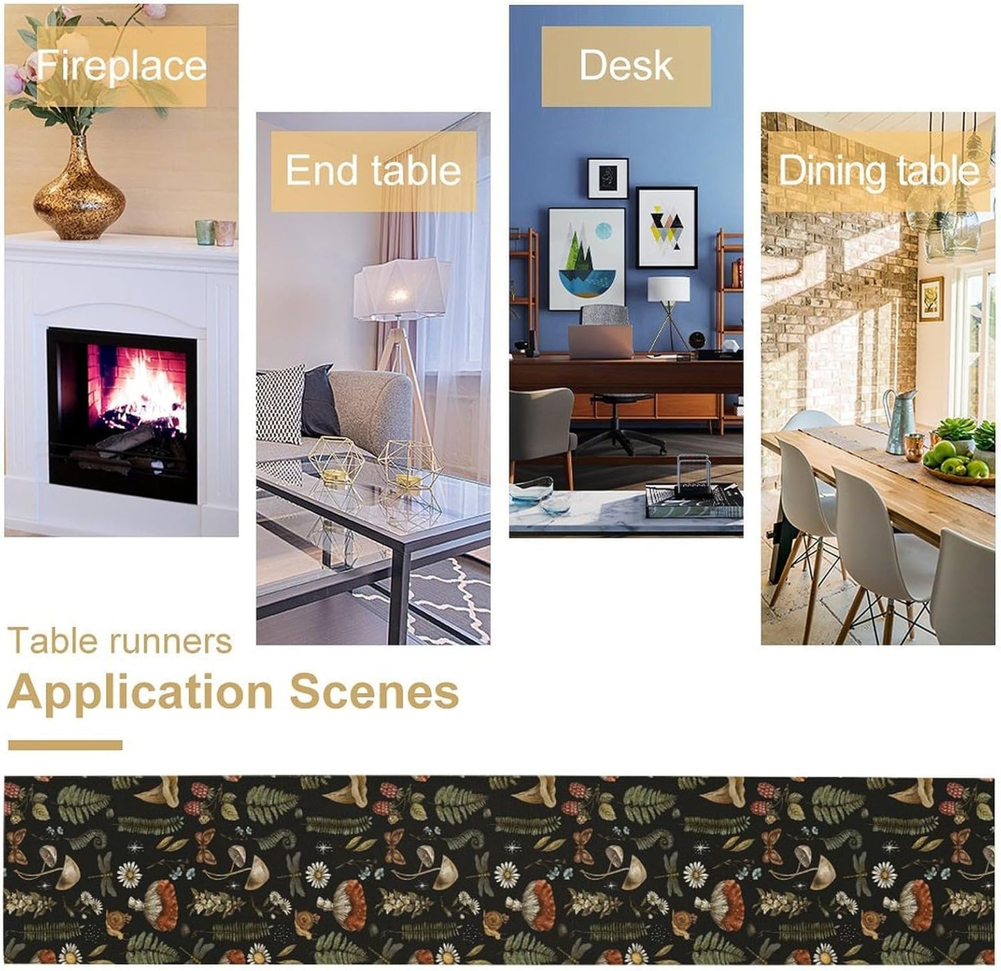 Mushroom Table Runner,Retro Forest Plant Table Runner for Kitchen Dining Table Home Party Decoration 13x36 Inch