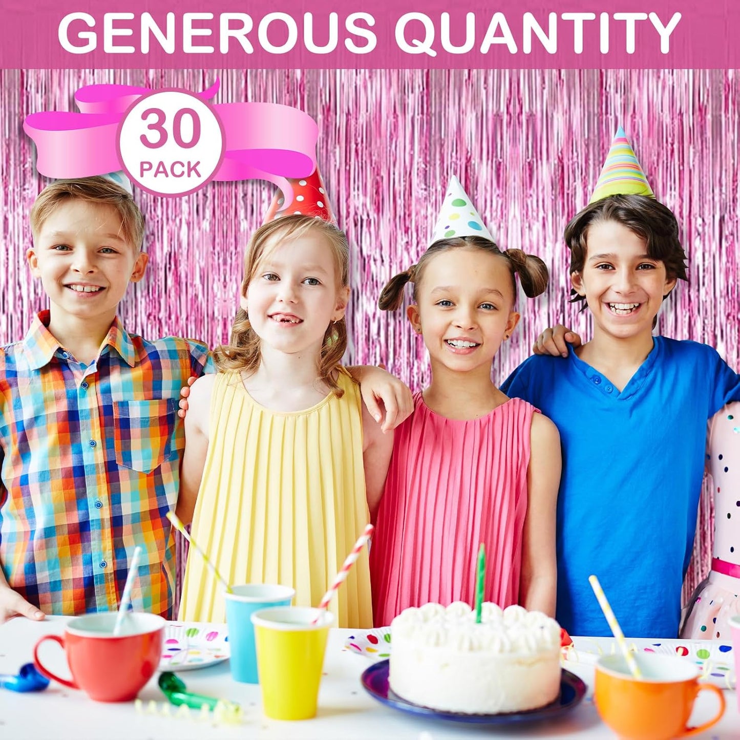 30 Pack Pink Foil Fringe Curtain Backdrop, 3.3x8.2 Feet Metallic Tinsel Streamer Curtains Photo Booth Props for Wedding/Birthday/Baby Shower/Valentine's Day/Princess Themed Party Decorations