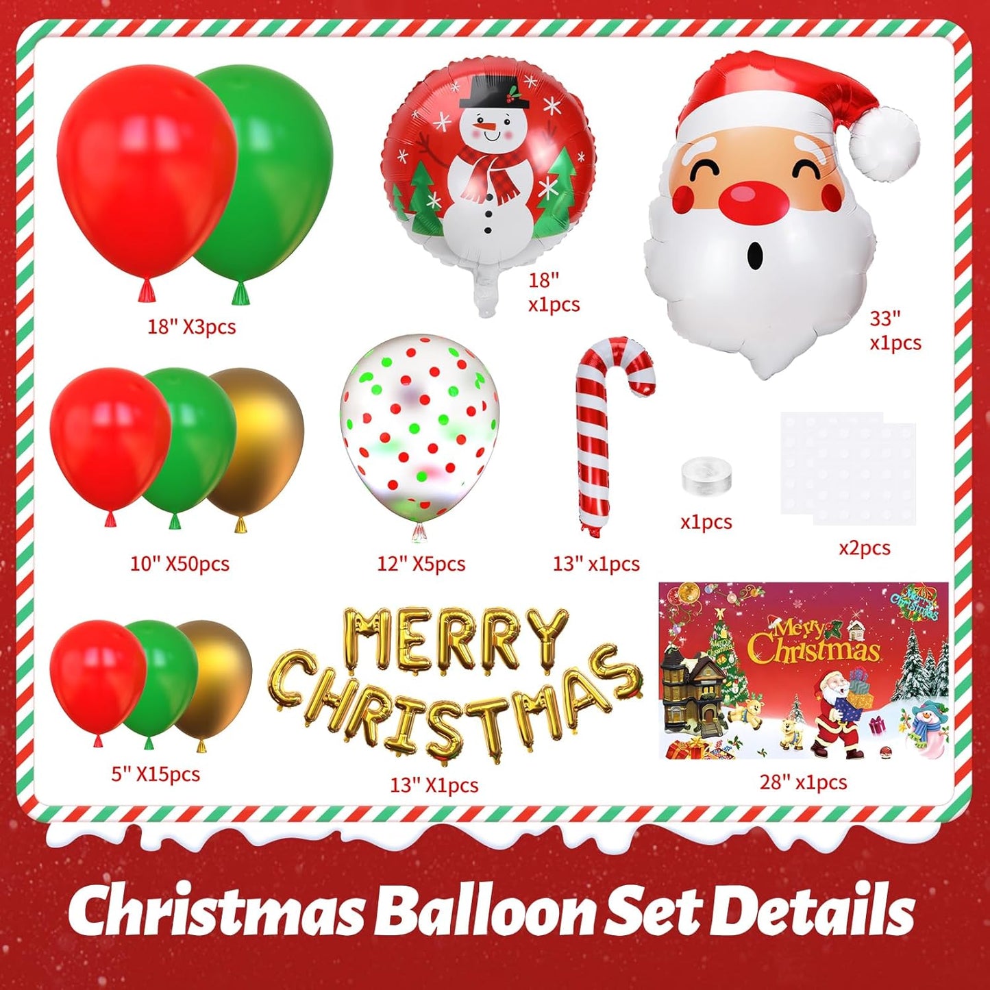 94 Pcs Christmas Balloons Garland Arch Kit Red and Green Sequined Balloons, Candy Cane Balloons, Christmas Balloon Banner for Party Decor