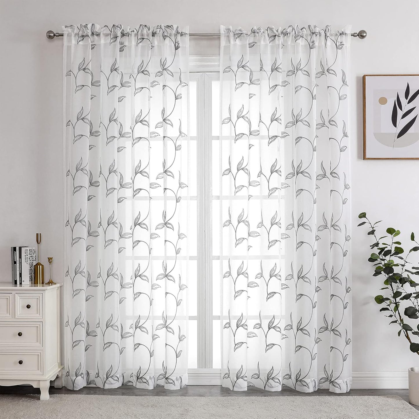VISIONTEX Sheer Curtains 72 Inch Length 2 Panels, Decor Iron Grey Vine Leaves Embroidery on White Voile Pair, Accent Semi Window Drapes for Kitchen, Living Room and Bedroom, 54" W x 72" L