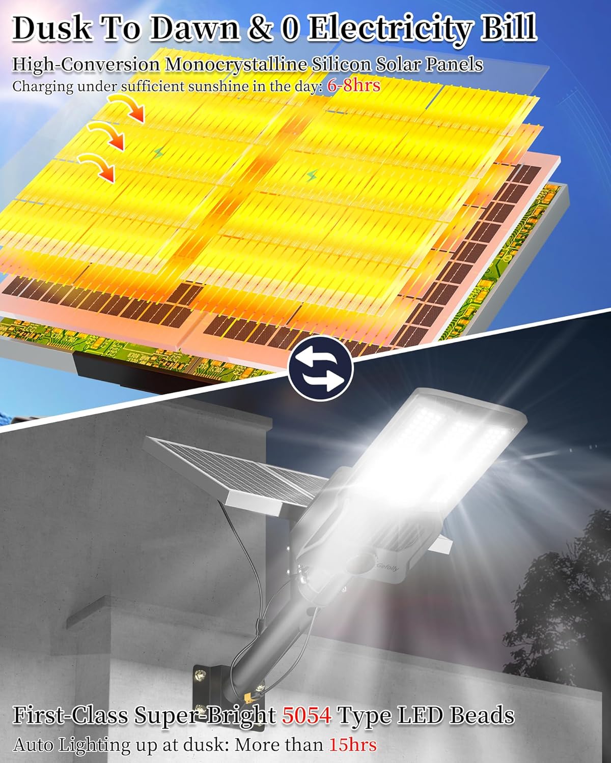 Gefolly SL-9800W Solar Street Light Outdoor 650000LM Wide Angle Commercial Parking Lot Lights Dusk to Dawn 6500K Flood Security Light IP67 Lamp for Basketball Court, Yard, Road