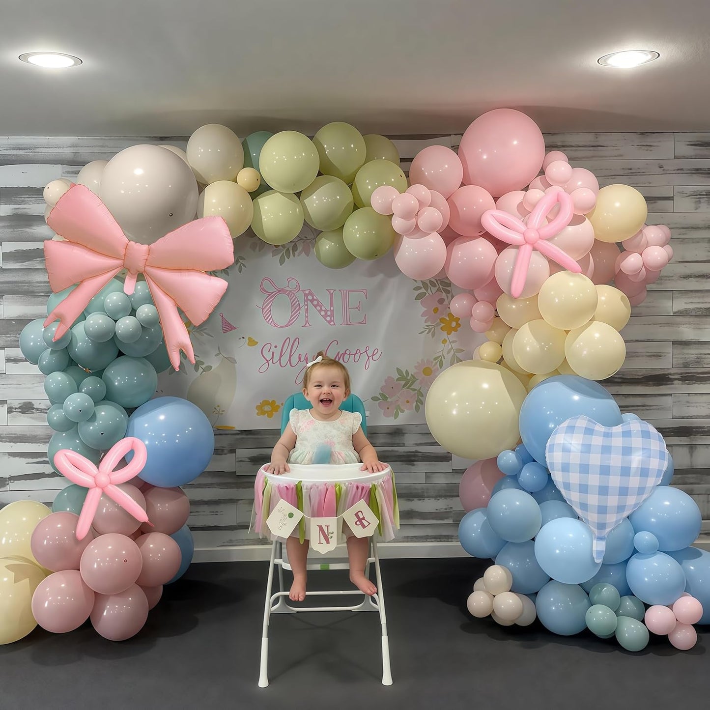 Goose Balloon Arch Kit Pastel Pink Blue Sage Green Balloons Garland with Bow Gingham Heart Foil Goose Birthday Decorations Girls Dusty Pink Blue Olive Yellow Duck Baby Shower Gender Reveal Party Decor
