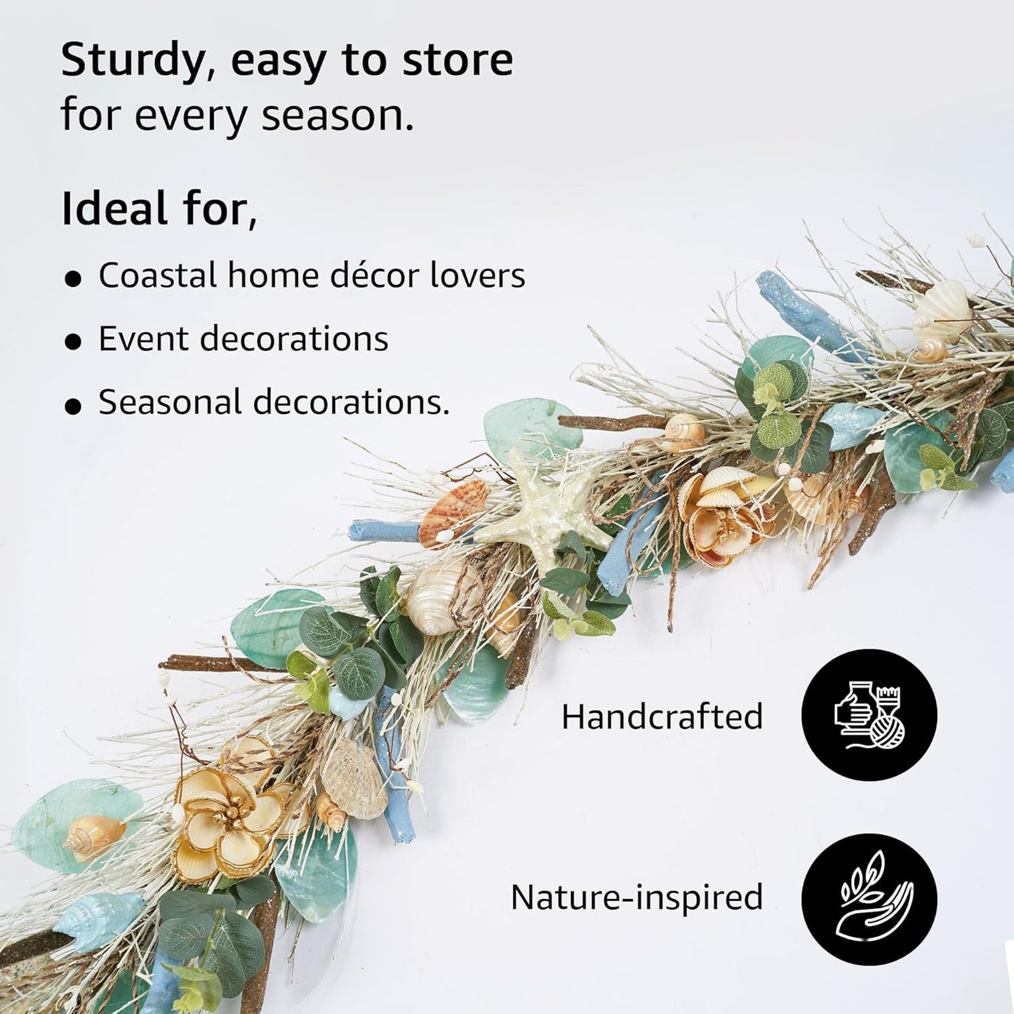 5' Coastal Shell Garland – Handcrafted Holiday Tree Wall Decor with Capiz Shells, Driftwood & Twigs – Coastal Elegance for Home, Mantle Decor, Bedroom, Dining & Doorway
