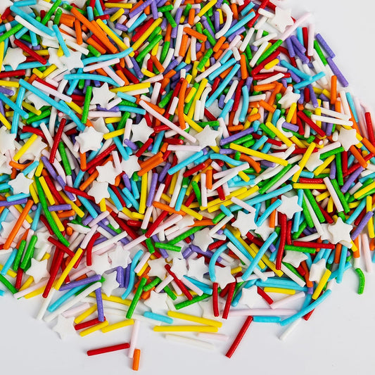 Edible Rainbow Sprinkles for Cake Decorating,White Stars Candy Mix Colored Jimmies,100g/3.53oz,Dessert Decorations,Cupcake,Cookies,Ice Cream Topper,Colorful Pastel Sprinkle for Cake Decorating,Perfect For Birthday Party,Festival Baking Supplies
