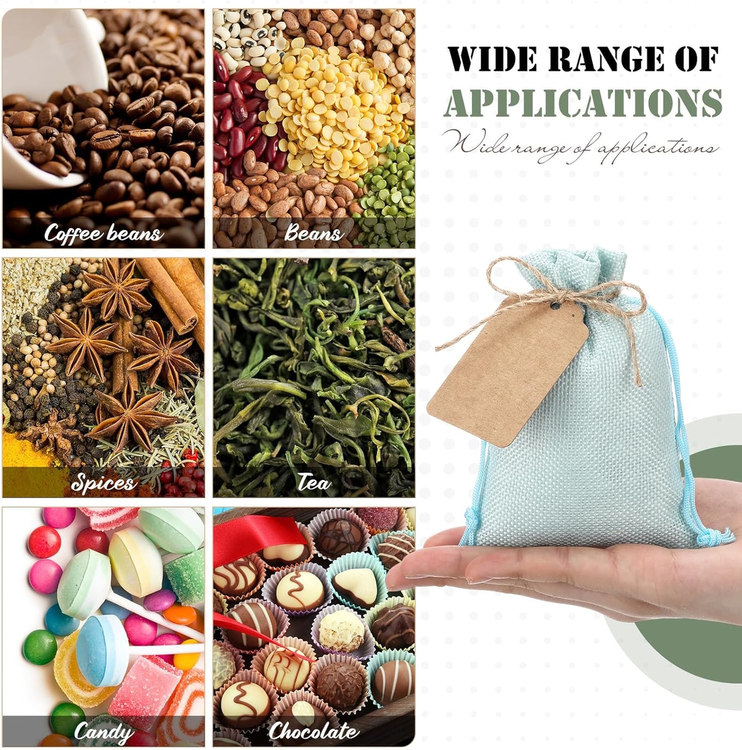 Woanger 100 Pcs Burlap Gift Bags with 100 Pcs Kraft Paper Gift Tags Drawstring Favor Bulk Burlap Sack Bags for DIY Wedding Party Craft(4 x 6 Inch,Mint, Grass, Army, Dark Green)