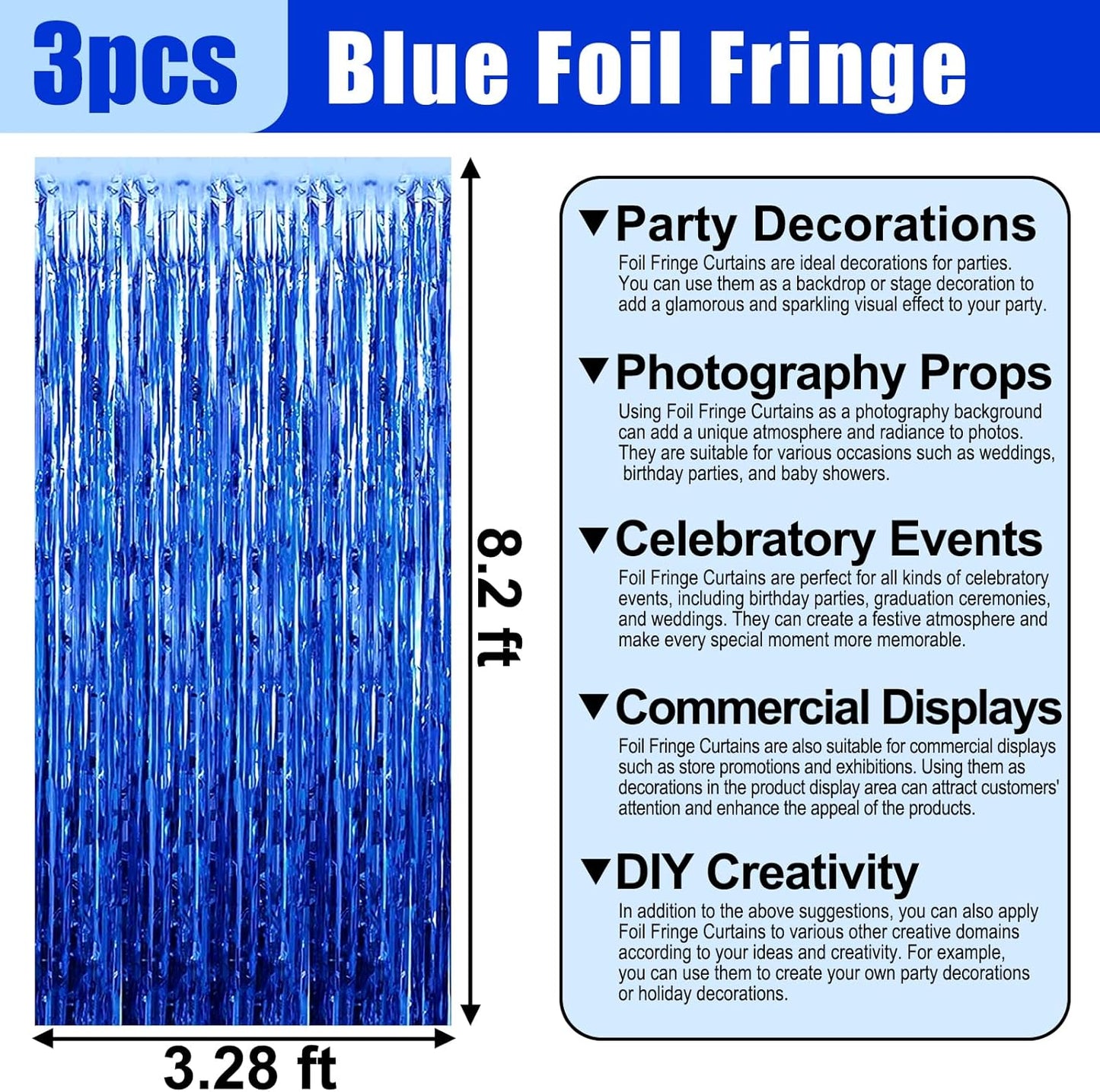 3 Pack Blue Foil Fringe Curtain Backdrop, 3.28Ft x 8.2Ft Metallic Tinsel Foil Fringe Streamer Curtains for Photo Booth, Christmas Day, Thanksgiving, Wedding, New Year Party Decorations