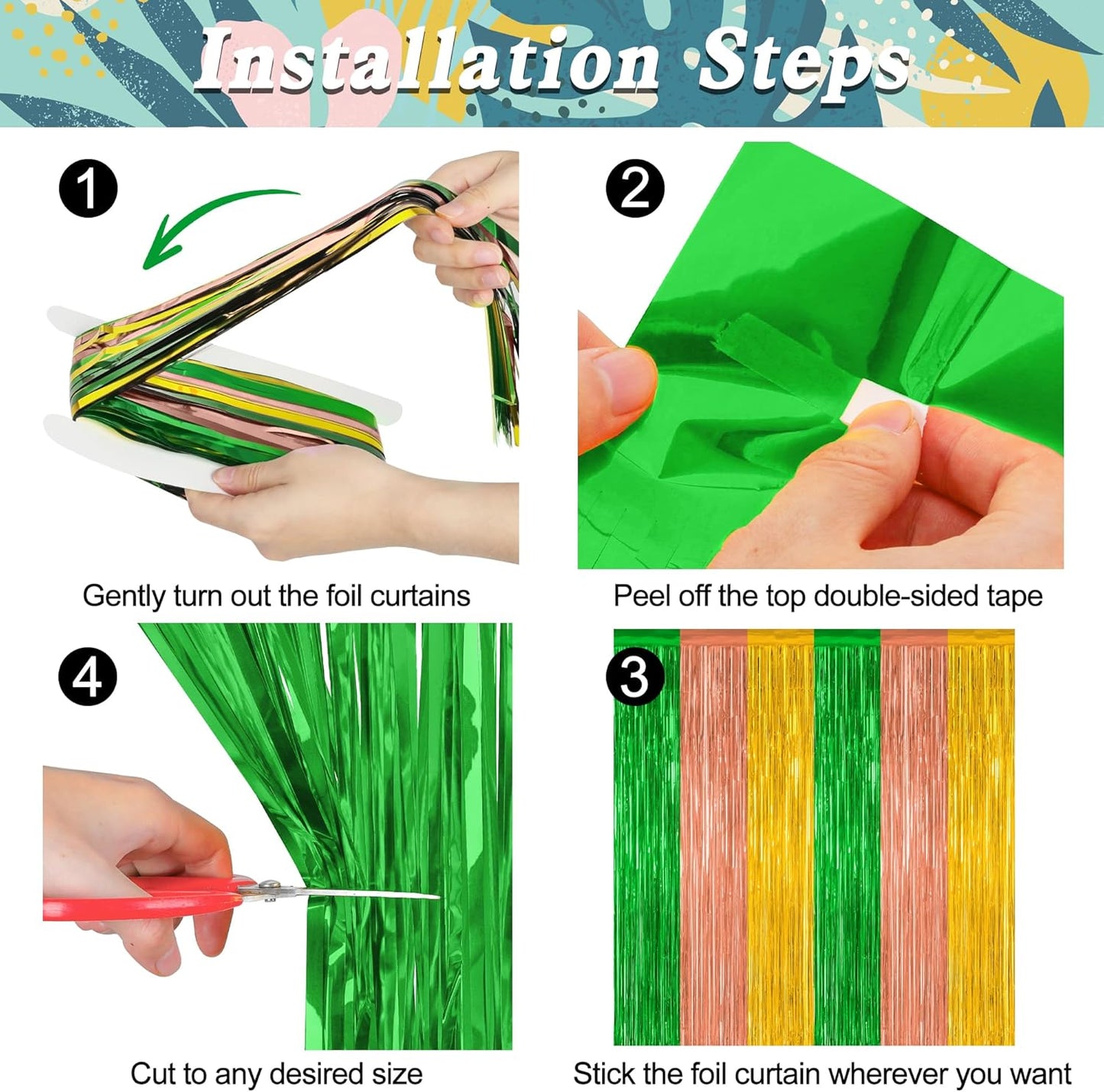 2 Pack Luau Decorations, 3.28 FT x 7.05 FT Summer Party Streamer, Green Brown Yellow Backdrop Tinsel Curtains Fringe Curtains, Metallic Hawaiian Supplies Aloha Party Decor