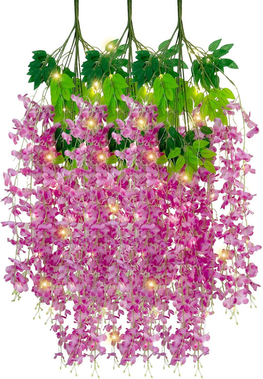 12 Pack Purple Red Wisteria Hanging Flowers Garland with Lights, 3.44 Feet Artificial Flower Vines, Fake Wisteria, Artificial Vines Hanging Garland for Backdrop Outdoor Patio Garden Decor