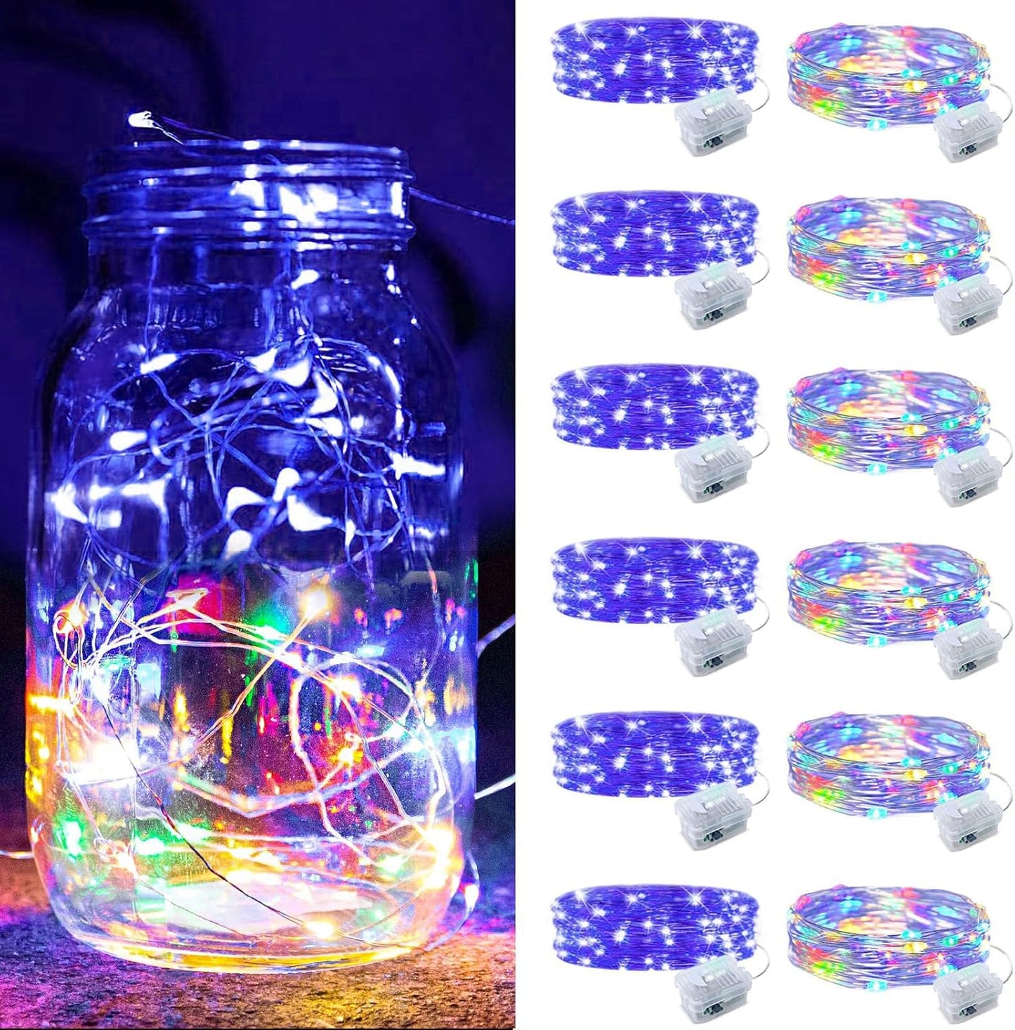 ZGWJ 12 Pack Fairy Lights Battery Operated, 7ft 20 Mini LED Fairy String Lights Silver Wire 3 Modes for DIY, Parties, Wedding, Bedroom, Halloween Christmas Decoration Colorful and Blue