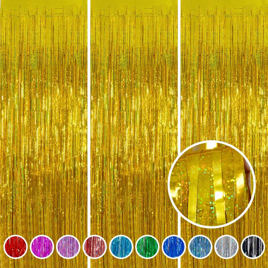 Foil Fringe Curtains Happy Retirement Decorations - Melsan 3 Pack 3.2 x 8.2 ft Gold Tinsel Curtain Party Photo Backdrop for Birthday Party Baby Shower or Graduation