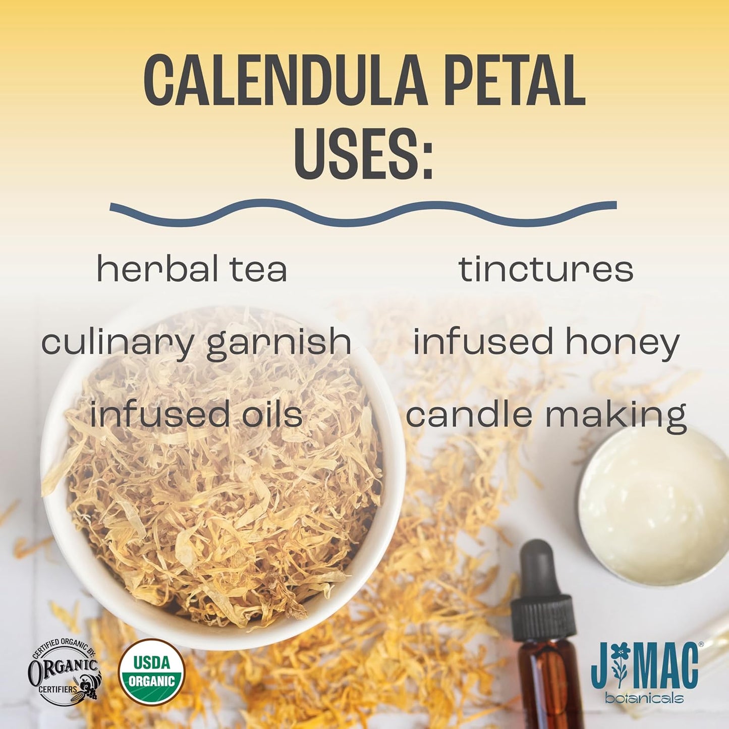 J Mac Botanicals, Organic Calendula Petals (12 oz) edible dried flowers petals, pairs well with edible dried rose petal, edible flowers for ice cubes, edible flowers for food, beverages, bath bombs