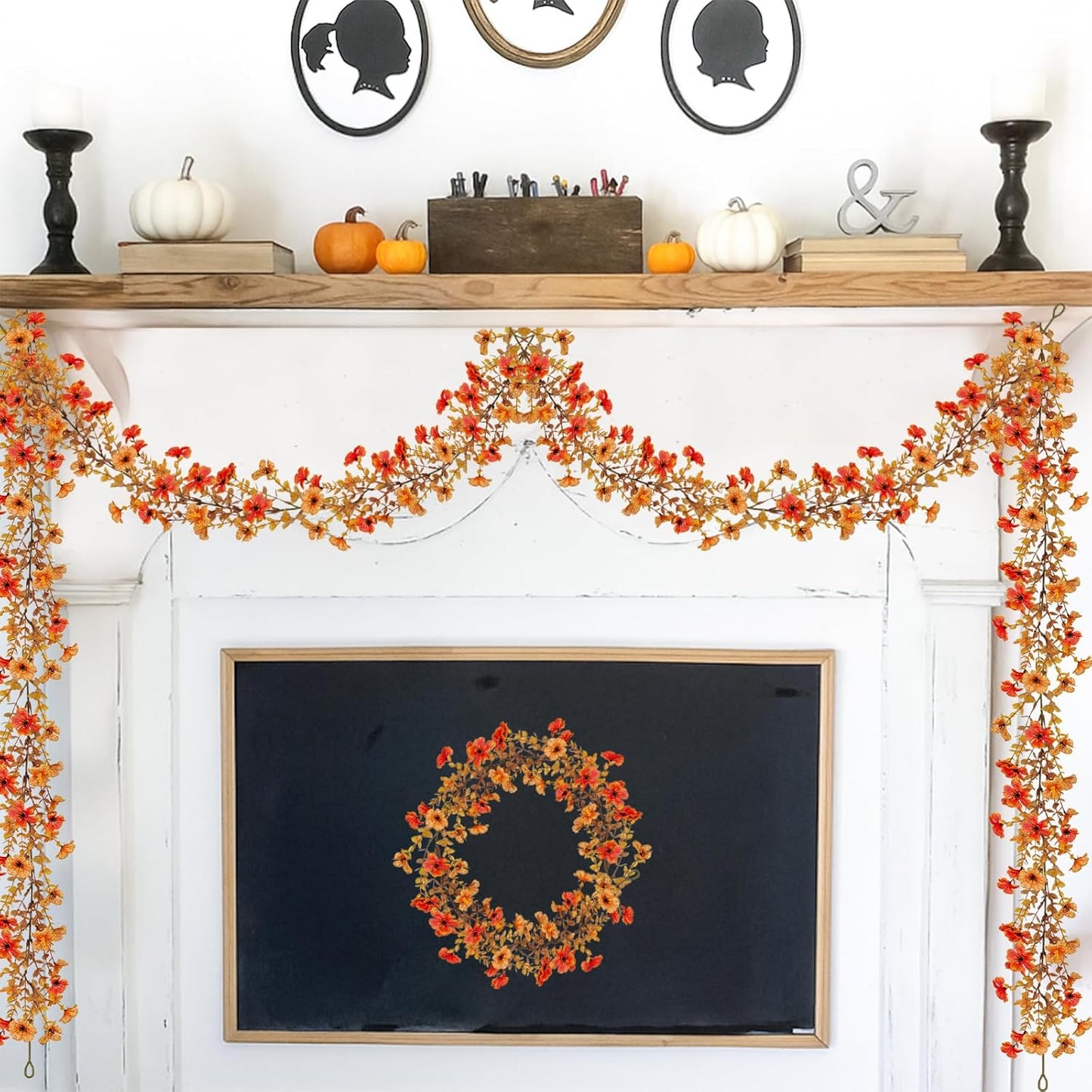 4 Pack Artificial Fall Flowers Garland, 6 FT Fall Decorations Fake Mums Floral Vines UV Resistant Faux Hanging Flower Ivy Garland for Home Party Table Wall Decor (Orange + Autumn Yellow)