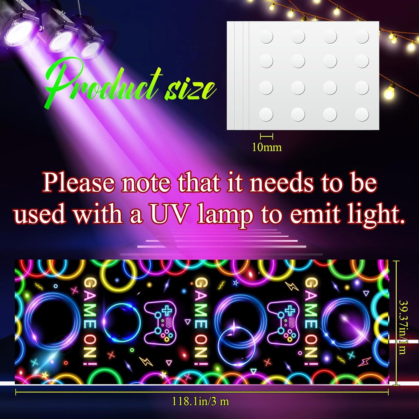 Haull 118 x 39 Inch Neon Light up Dance Floor Glow in The Dark Runner UV Reactive Blacklight Floor Aisle Runner Decor Wall Props for 80s 90s Neon Birthday Party Decorations(Game on)