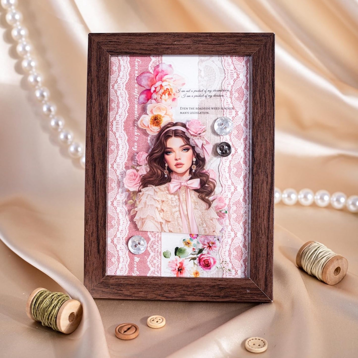 Lace Pattern Washi Tape Set, 6 Rolls Japanese Paper Decorative Stickers with 1 Clip, Lace Fabric for Scrapbooking, Journaling, Craft Supplies, 1.57in x 79in