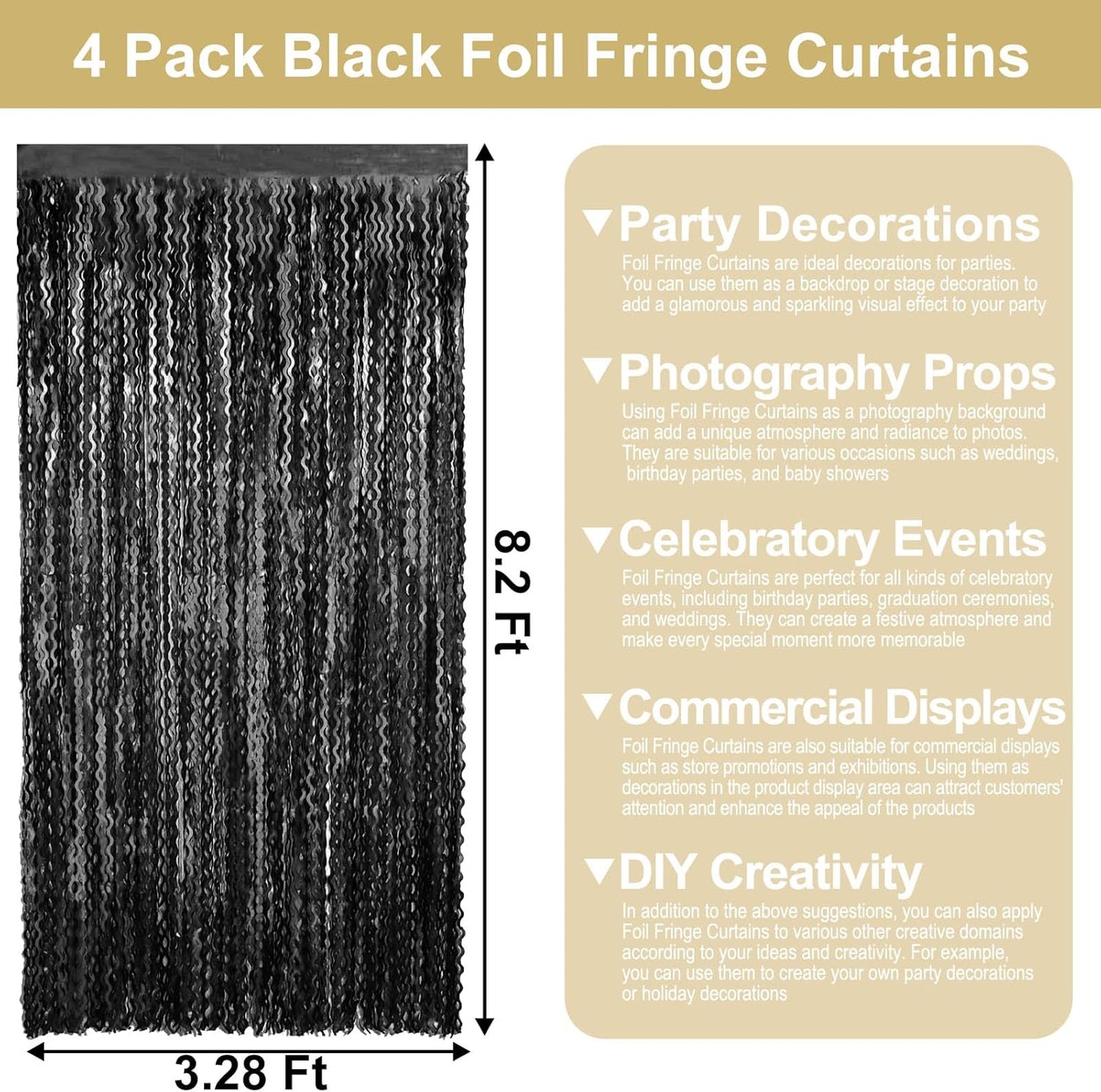 4 Pack Black Wave Foil Fringe Curtain Backdrop, 3.28Ft x 8.2Ft Metallic Tinsel Foil Fringe Streamer Curtains for Photo Booth, Mother's Day, Easter, Birthday, Wedding Party Decoration