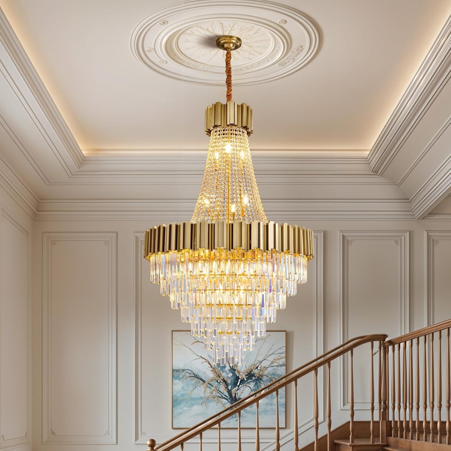54" Luxury Long Crystal Chandelier for High Ceilings, 21-Light Modern Gold Large Chandeliers for Staircase, Foyer, Entryway, Living Room, Hallway, Contemporary K9 Crystal Tiered Chandelier