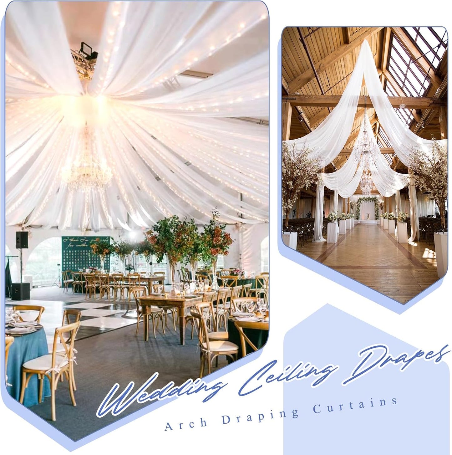 4 Panels White Ceiling Drapes for Wedding 5ftx40ft Chiffon Fabric Arch Draping Curtains Sheer Drapery for Party Ceremony Birthday Baby Shower Reception Stage Ceiling Decorations