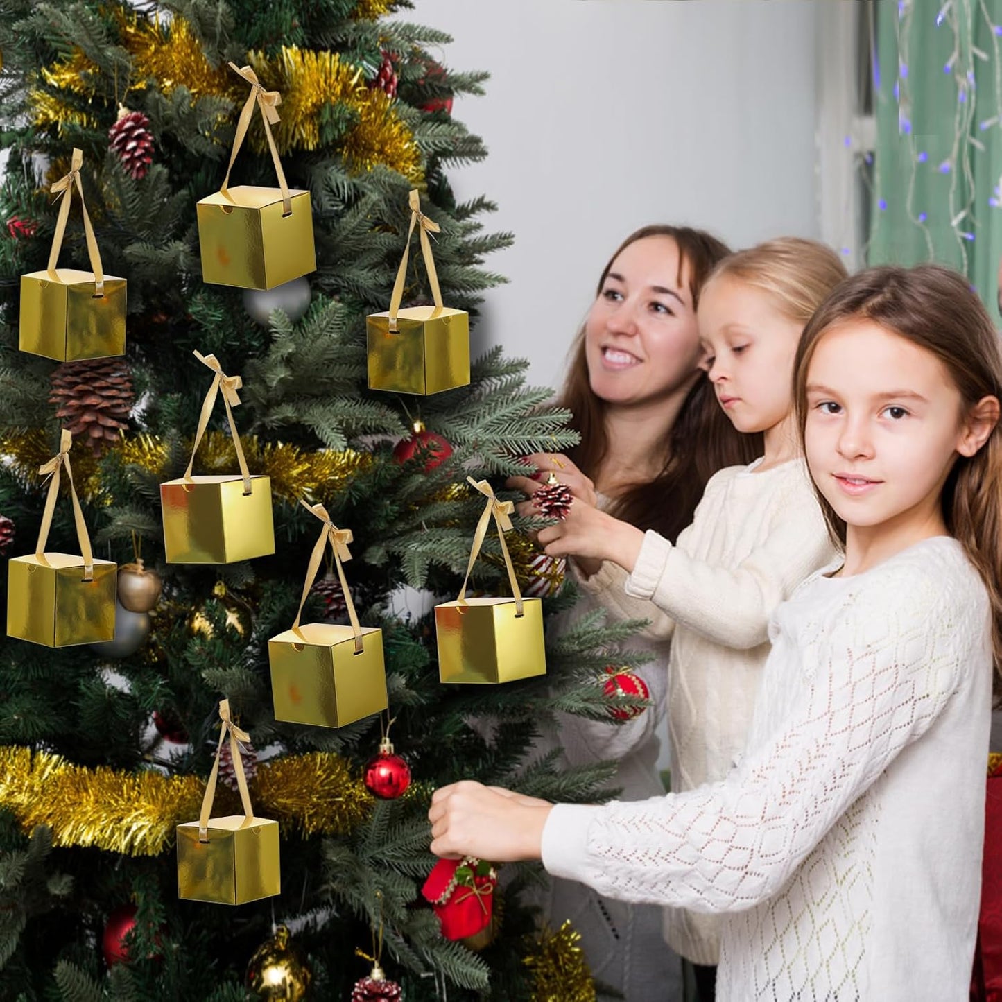 DOYIDE 60 Pcs Small Gift Boxes, 3x3x3 inches Kraft Paper Gift Box with Ribbons, Gold Candy Boxes for Christmas Wedding Favors Baby Shower Bridal Shower Birthday Party