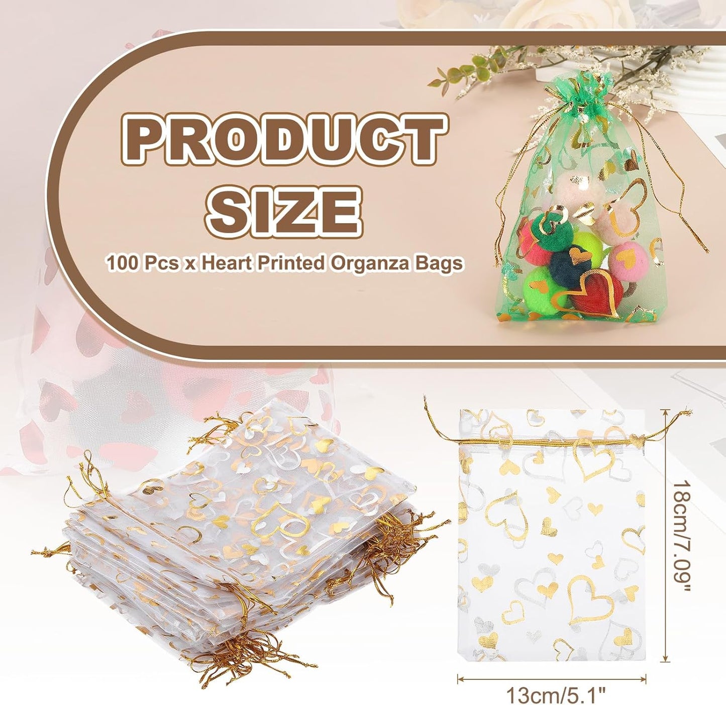 PATIKIL 100 Pcs 5x7 Inch Heart Printed Organza Bags, Gold Silver Sheer Heart Organza Bags with Drawstring for Christmas Candy Jewelry Party Wedding Favor Gift