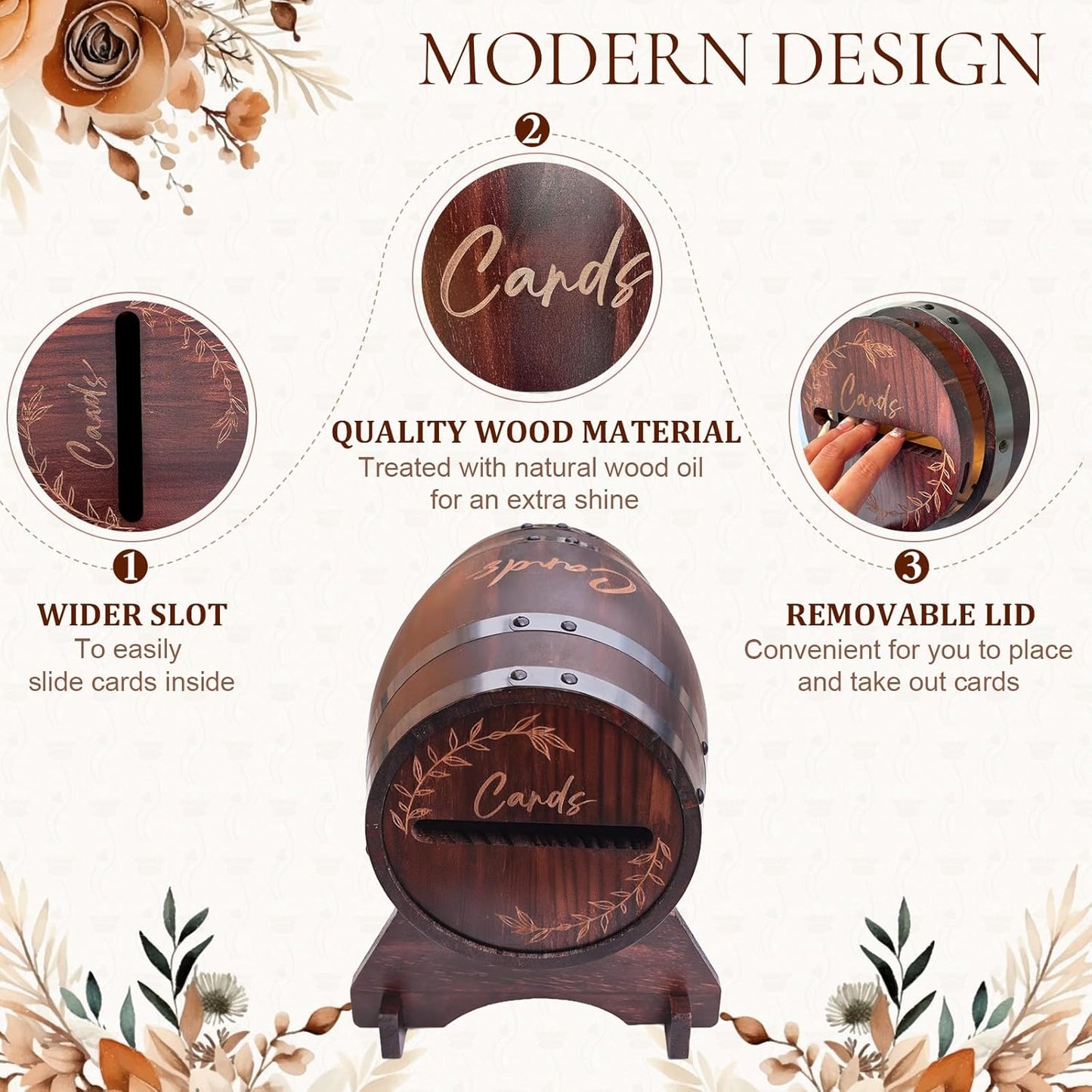 OurWarm Wooden Card Box for Wedding, Vintage Gift Card Box with Base, Whiskey Barrel Wedding Card Boxes for Reception Party Graduation Bridal Baby Shower Birthday Decoration