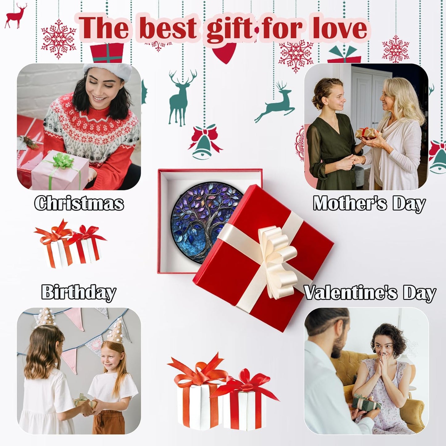 Stained Glass Window Hanging, Blue Purple Tree of Life Sun Catchers Colorful Glass Panel Plants Suncatcher Decor for Birthday for Women,Men,Wife, Lovers, and Mom 6.3 in